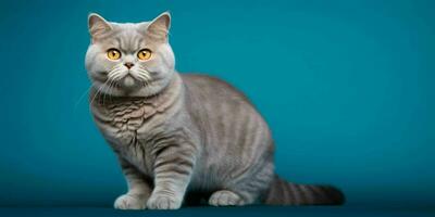 Portrait of a Silver British Shorthair Cat Isolated on Blue Background. Generative AI photo