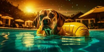 A dog Relaxing on a Swimming Ring in a Pool. Generative AI photo