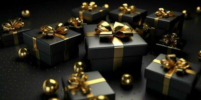 Black Gift Boxes with Gold Ribbon on Black Studio Background. Generative AI photo