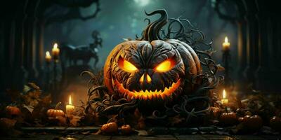 Scary Halloween Pumpkin with a Creepy Smile. Evil Jack O' Lantern on Spooky Background. Generative AI photo