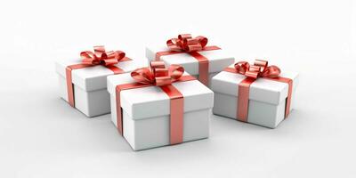 White Gift Boxes with Red Ribbon on White Studio Background. Generative AI photo