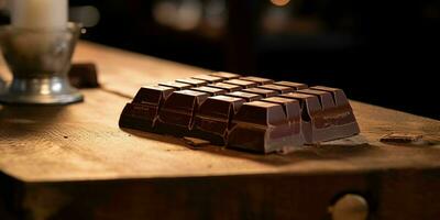 piezas de oscuro chocolate en de madera mesa. delicioso chocolate bar. generativo ai foto