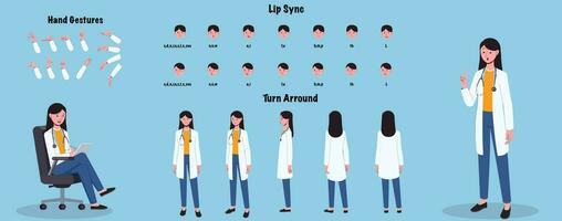 A doctor model sheet. Female doctor turnaround sheet. Doctor hand gestures, lip sync vector