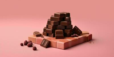 piezas de chocolate aislado en rosado antecedentes. delicioso chocolate bar. generativo ai foto