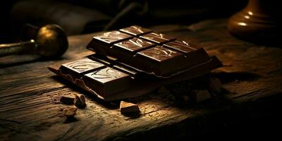 piezas de oscuro chocolate en de madera mesa. delicioso chocolate bar. generativo ai foto