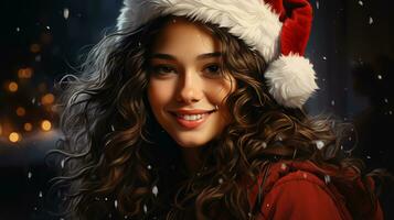 Young beautiful woman in festive santa claus hat for new year and christmas photo