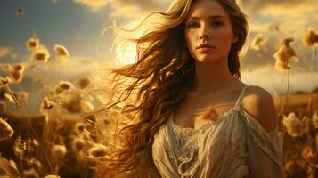 Beautiful woman runs through a field with wheat on a sunny day in summer photo