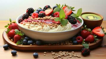 Smoothie, granola, seeds, fresh fruits in a bowl. Healthy breakfast photo