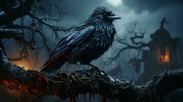 Creepy black raven sitting on a branch at night for Halloween photo