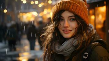 Beautiful woman wearing a hat and scarf in autumn and blurred background photo