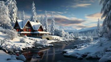 Snowy winter cozy houses for New Year and Christmas nature photo