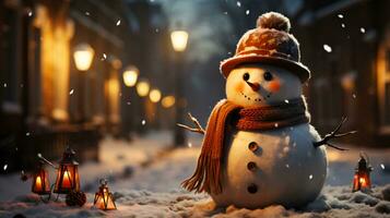 hermosa invierno monigote de nieve para nuevo año y Navidad foto