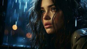 A beautiful pensive woman looks out the window at night during the rain and drops flow down the glass. Face of a sad girl close-up photo