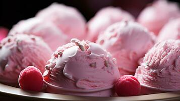 delicioso pelotas de fresa rosado hielo crema helado con frutas y nueces foto