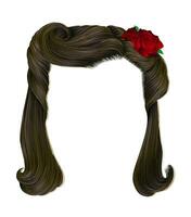 women's curly hairs with flower.red rose.brown colors. vector