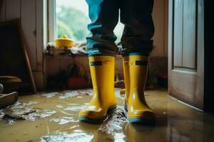 Boots flooded house closeup. Generate Ai photo