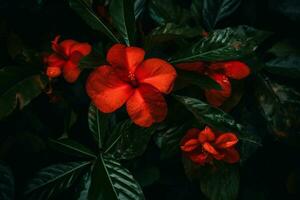 Red flowers leaves. Generate Ai photo