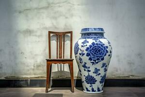 Vase blue ornament near chair. Generate Ai photo