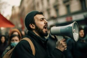 Man beard megaphone protest. Generate Ai photo