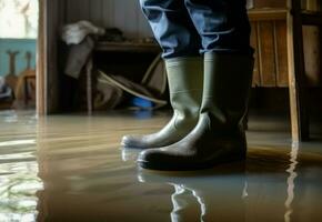 Boots rubber in flooded house. Generate Ai photo