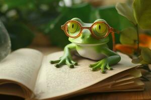 Green frog glasses on book. Generate Ai photo