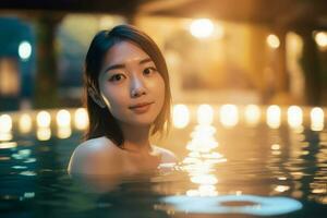 Young japanese girl pool. Generate Ai photo