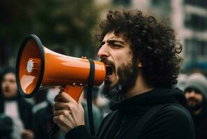 Man megaphone protest on street. Generate Ai photo