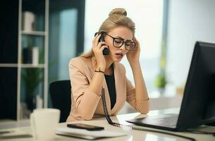 asustado mujer hablando teléfono. generar ai foto