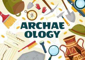 Archeology Vector Illustration with Archaeological Excavation of ancient Ruins, Artifacts and Dinosaurs Fossil in Flat Cartoon Hand Drawn Templates