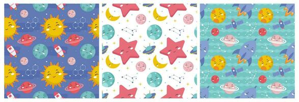 Set of Smile Seamless Pattern Design Illustration with Smiling Character and Happiness Face in Template Hand Drawn Flat Cartoon vector