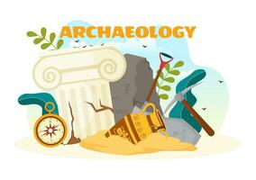 Archeology Vector Illustration with Archaeological Excavation of ancient Ruins, Artifacts and Dinosaurs Fossil in Flat Cartoon Hand Drawn Templates