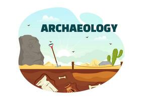 Archeology Vector Illustration with Archaeological Excavation of ancient Ruins, Artifacts and Dinosaurs Fossil in Flat Cartoon Hand Drawn Templates