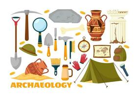 Archeology Vector Illustration with Archaeological Excavation of ancient Ruins, Artifacts and Dinosaurs Fossil in Flat Cartoon Hand Drawn Templates