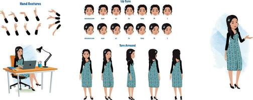 A business woman modelsheet. Businesswoman turn around sheet, hand gestures, lip sync vector