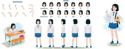 A teenager student character model sheet. School girl creation set. Student turnaround sheet, hand gestures, lip sync vector