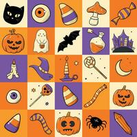 Halloween seamless checkered pattern with doodles for wrapping paper, scrapbooking, wallpaper, packaging, textile prints, etc. EPS 10 vector