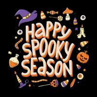 Cute Halloween square card, poster, print, banner, invitation design with lettering quote 'Happy spooky season' and frame of doodles. EPS 10 vector