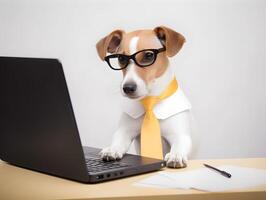 Cute puppy with glasses in office. Concept of pet officer, business or office hours. photo