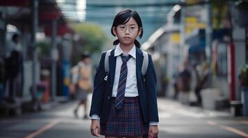 asiático estudiante niña con mochila. concepto de espalda a escuela. ai generado foto