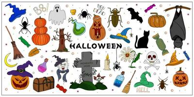Set of cartoon Halloween stickers. Hand drawn sticker pack, patches, pins in cartoon style. Vector collection of Halloween theme elements