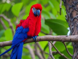 Photo colorful parrots bird on nature background. red and blue marcaw on the branches