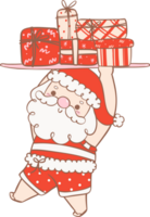 Cute Summer Santa Claus with gifts and surfboard, kawaii Christmas cartoon doodle  outline png