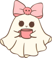 Cute pink Halloween ghost girl with coffee cartoon doodle png