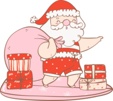 Cute Summer Santa Claus with gifts and surfboard, kawaii Christmas cartoon doodle  outline png