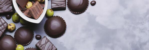 Various chocolates food. Background with copy space. photo