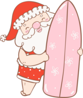 Cute Summer Santa Claus with surfboard, kawaii Christmas cartoon doodle hand drawing outline png