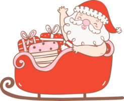 Cute Summer Santa Claus with gifts in sleigh, kawaii Christmas cartoon doodle  outline png