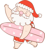 Cute Summer Santa Claus with surfboard, kawaii Christmas cartoon doodle hand drawing outline png