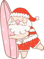 Cute Summer Santa Claus with surfboard, kawaii Christmas cartoon doodle hand drawing outline png