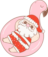 Cute Summer Santa Claus in flamigo swim ring, kawaii Christmas cartoon doodle hand drawing outline png